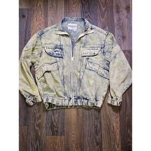 Signature Eight Womens Acid Wash Denim Jacket Yellow Blue Zip Up Utility Medium